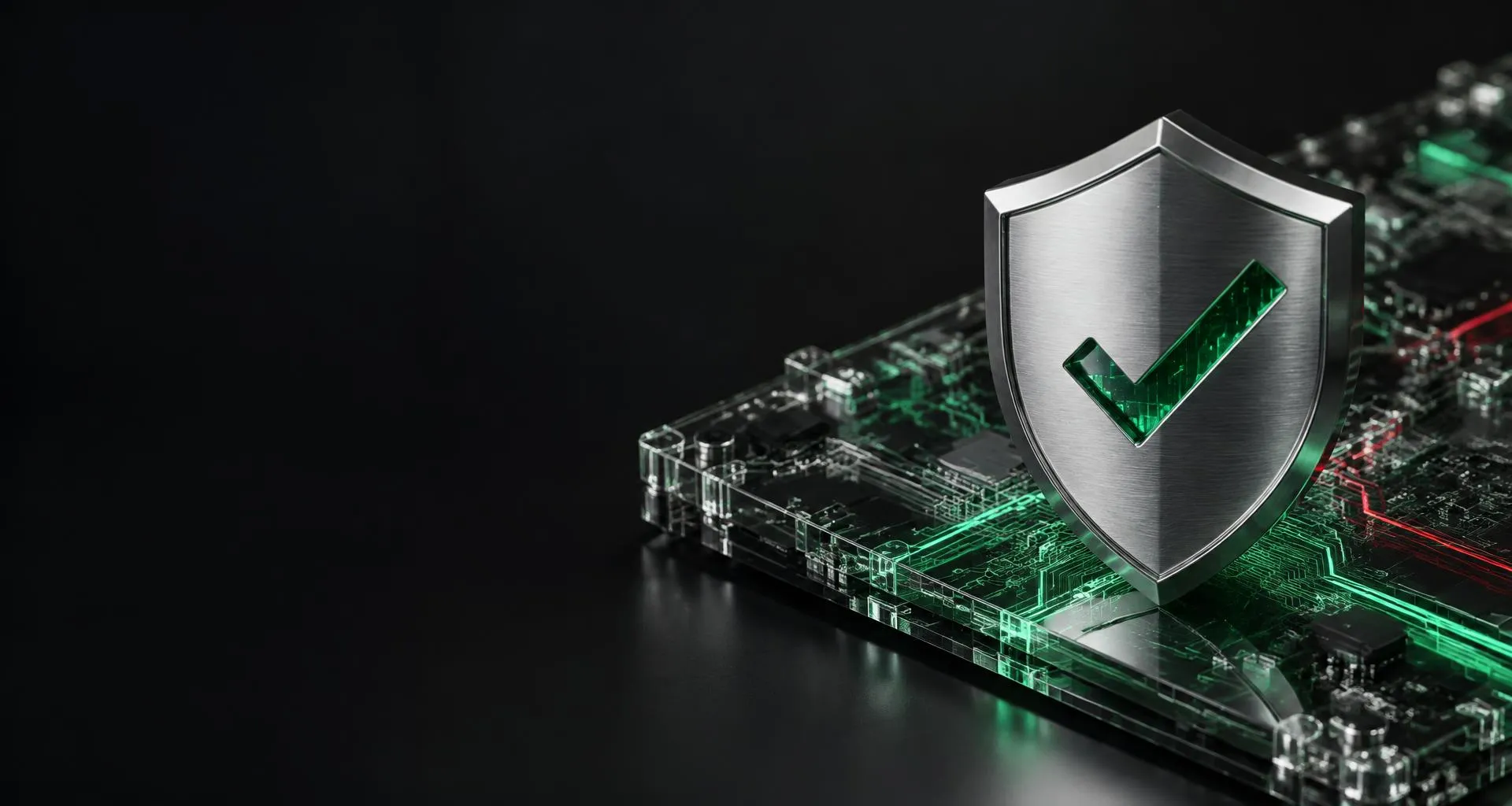 Metal shield over a glass circuit board illuminated by green scanning lines